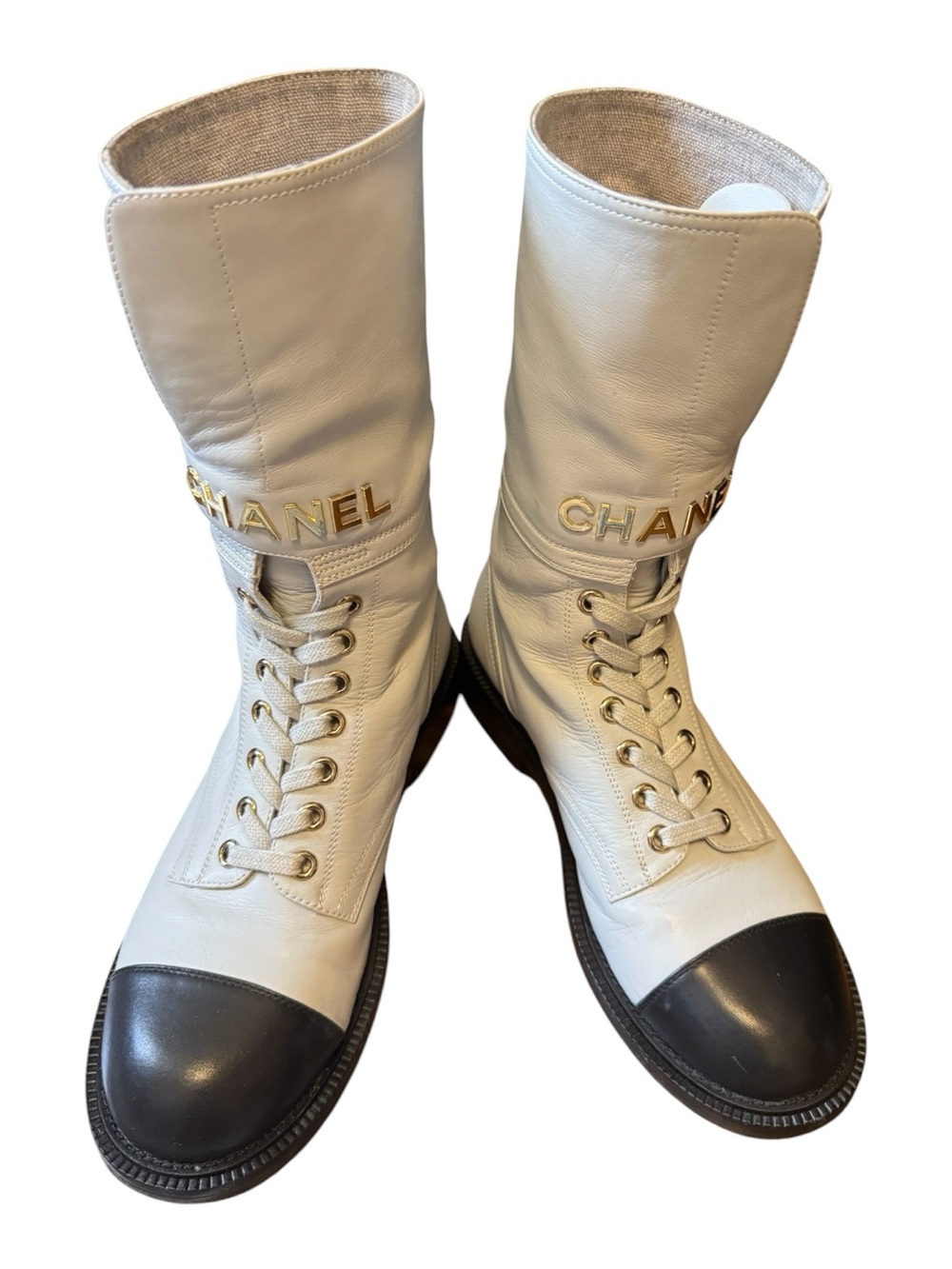 CHANEL Grey black Leather Lace-Up Boots with Black Cap Toe and Gold Logo Strap - Picture 12 of 16